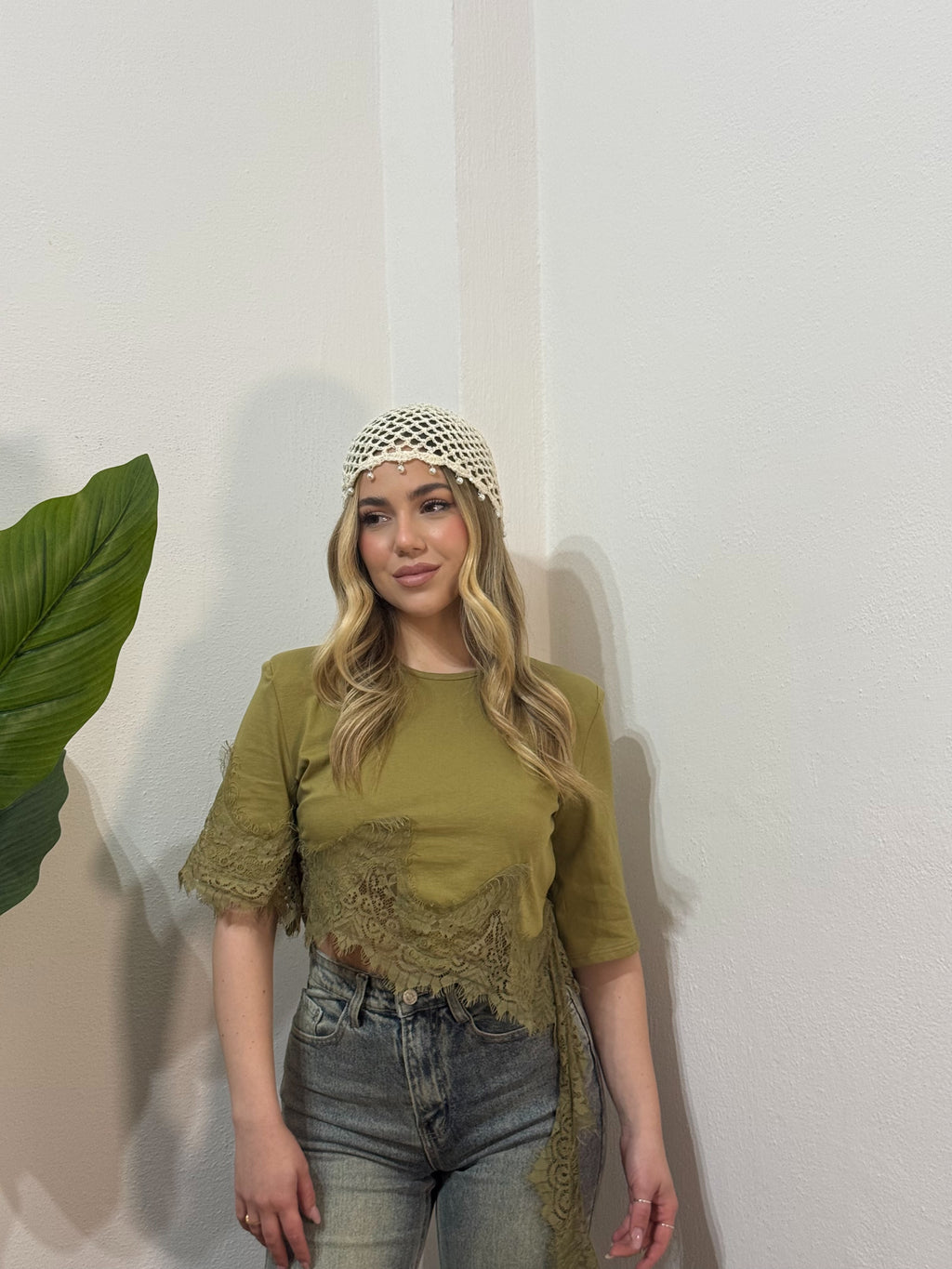 T-Shirt combinata in pizzo Verde Oliva